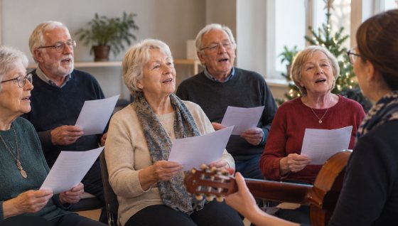 Seniorzy wspólnie śpiewają podczas zajęć muzycznych